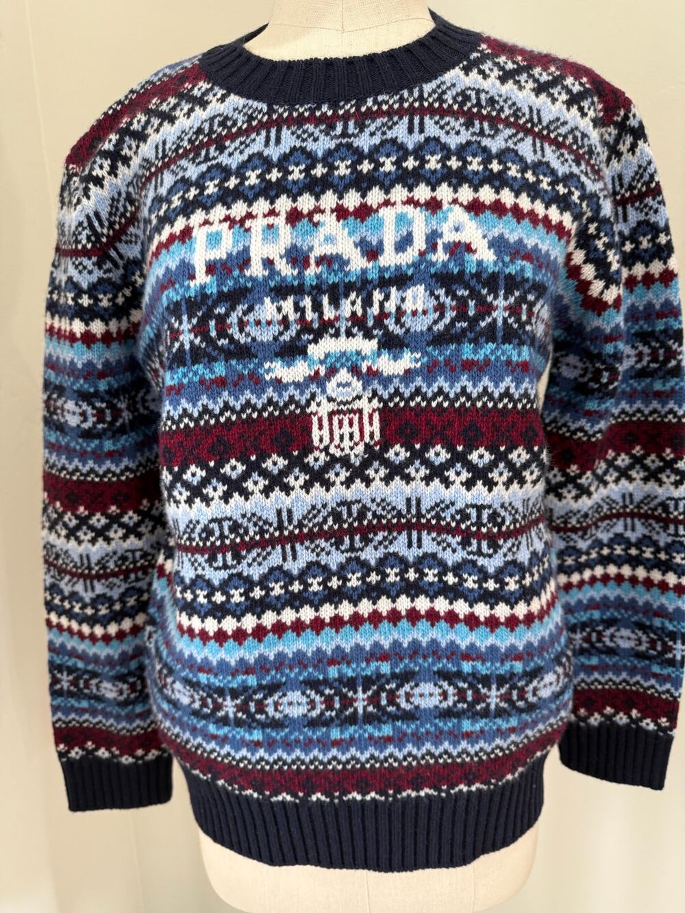 Prada Womens 42 wool crewneck sweater Navy 2022 Girocollo logo Fair Isle